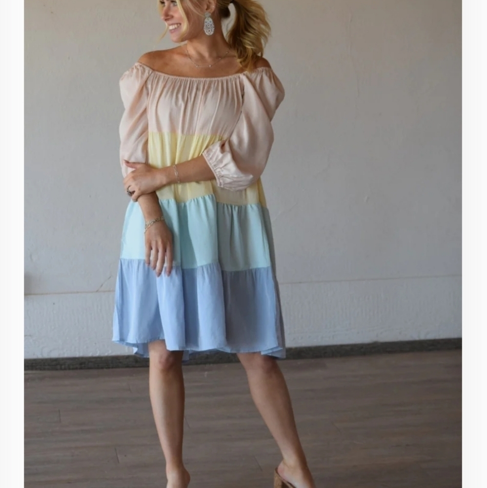 Pastel multicolor tiered dress 3/4 sleeve L XL pink yellow green blue prariecore